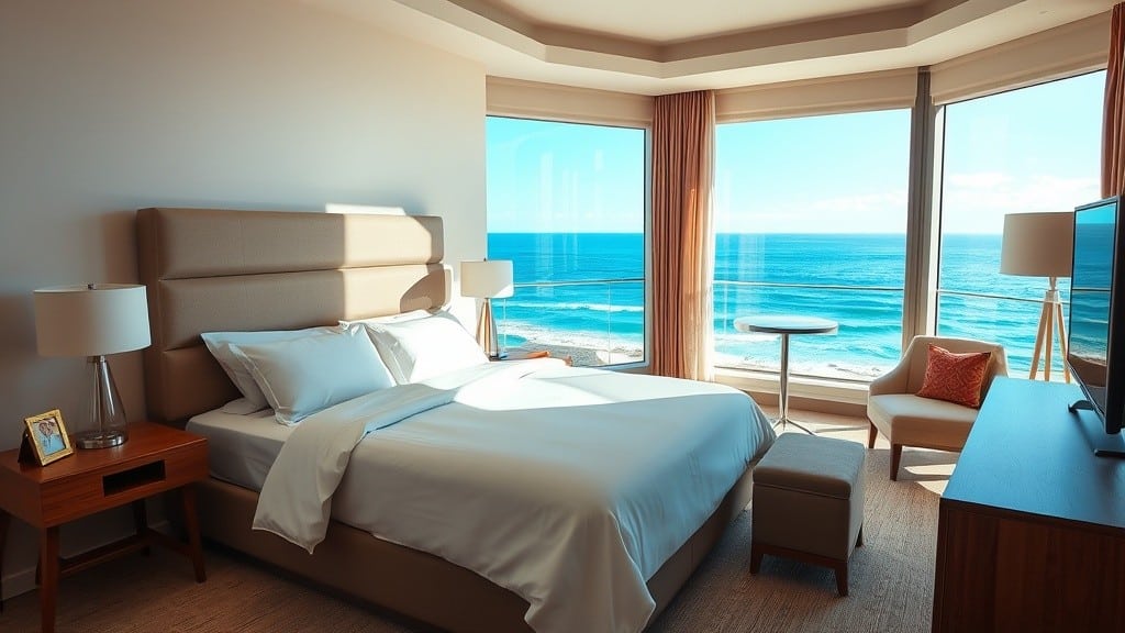 comfortable hotel room with ocean view and king bed at Cottage Inn by the Sea in Pismo Beach