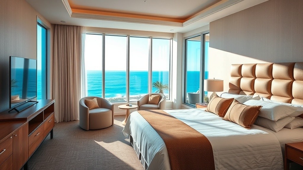 comfortable hotel room with ocean view and king bed at Inn at the Cove in Pismo Beach