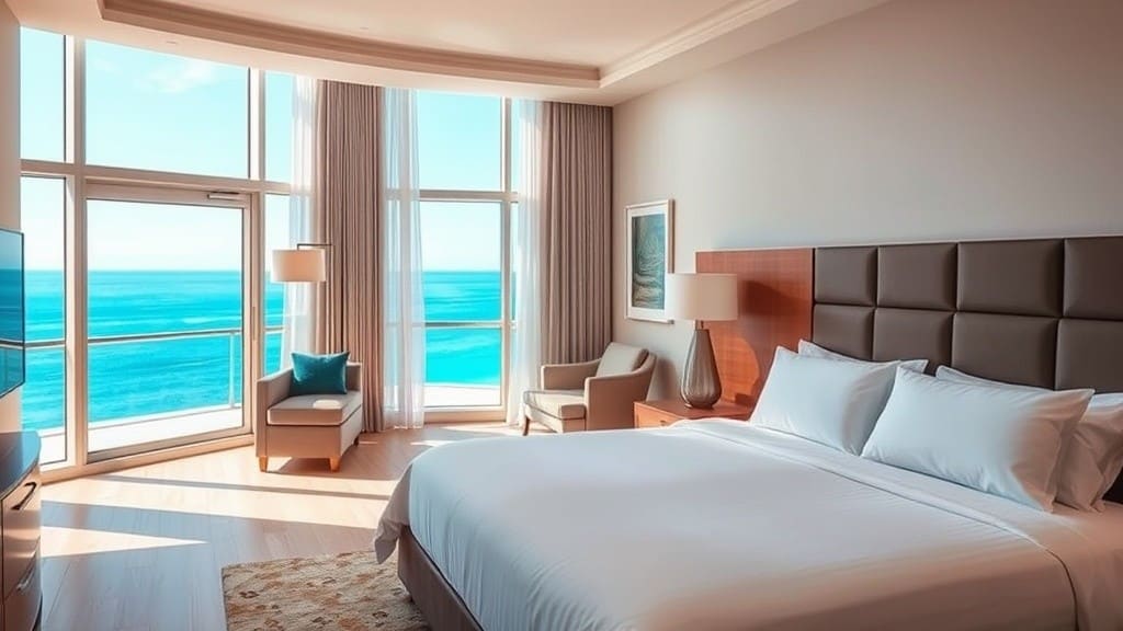 comfortable hotel room with ocean view and king bed at Kon Tiki Inn in Pismo Beach