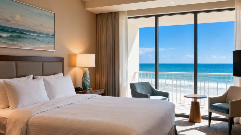 comfortable hotel room with ocean view and king bed at Pismo Lighthouse Suites in Pismo Beach