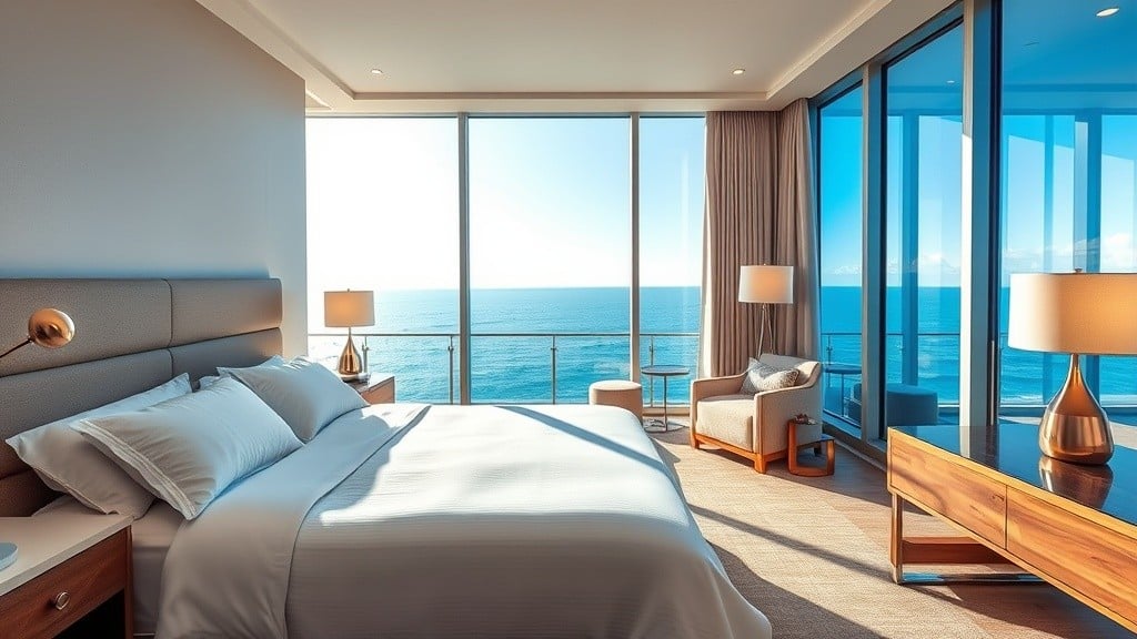 comfortable hotel room with ocean view and king bed at Sandcastle Hotel on the Beach in Pismo Beach