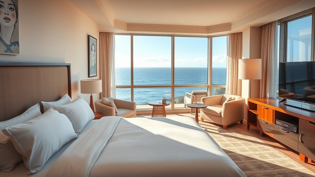 comfortable hotel room with ocean view and king bed at Shore Cliff Hotel in Pismo Beach