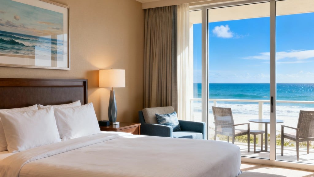 comfortable hotel room with ocean view and king bed at Spyglass Inn in Pismo Beach