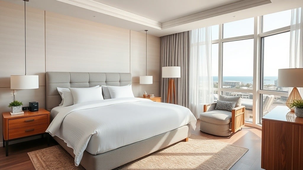 comfortable hotel room with king bed at Oxford Suites Pismo Beach in Pismo Beach